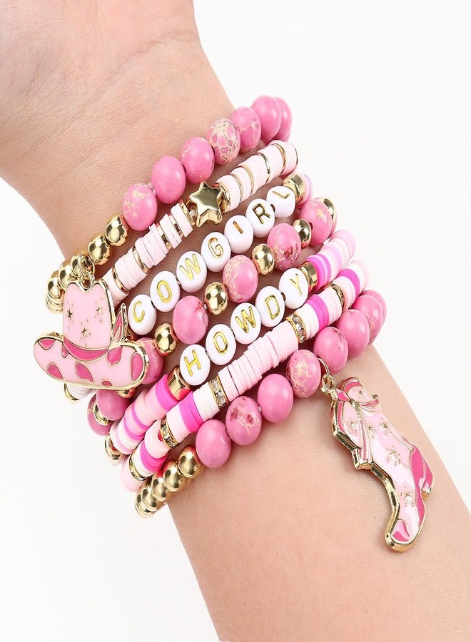 JOLYEAK 7Pcs Western Cowgirl Bracelets,Rainbow Clay Beaded Bracelet,Vintage Beaded Western Bracelet,Stackable Bohemian Bracelets for Women Cowgirl (Pink) - Image 5